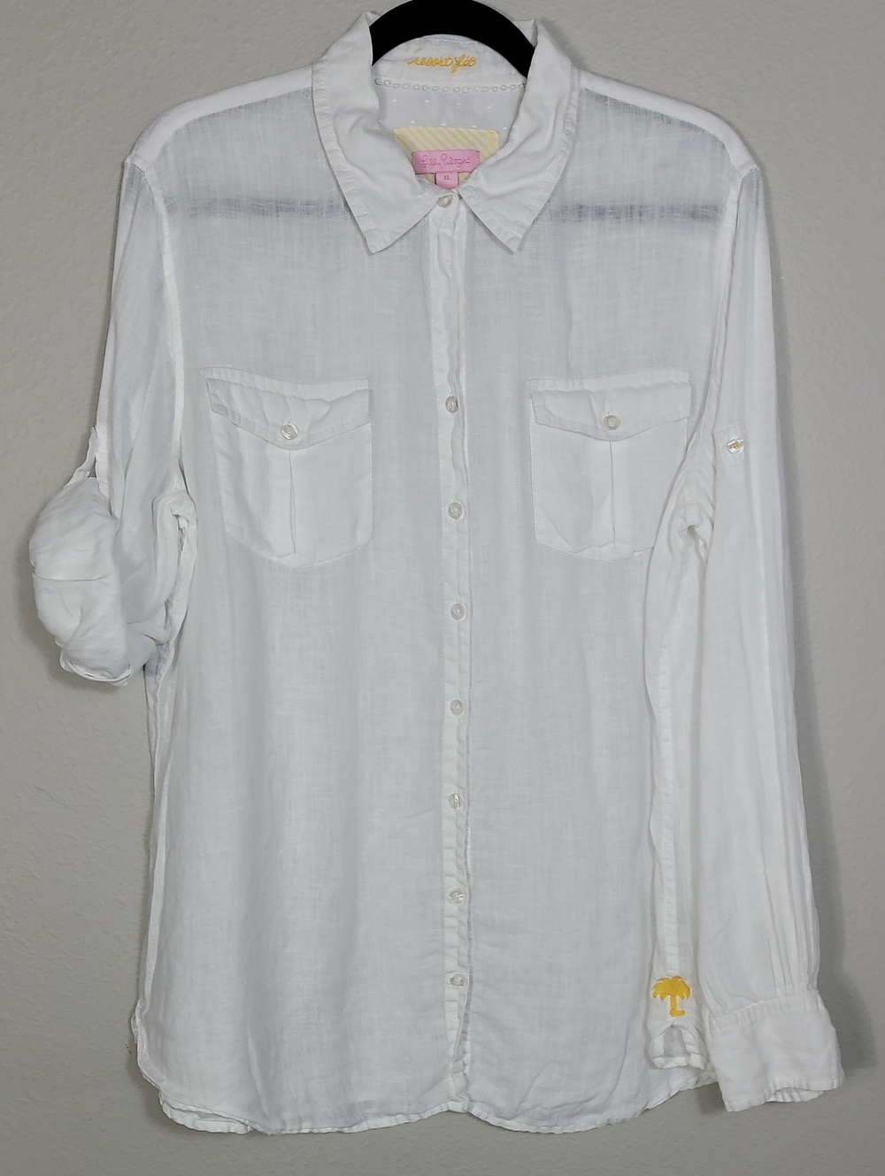 Lilly Pulitzer 100% Linen Button Up Shirt Size XL White Resort Roll Tab